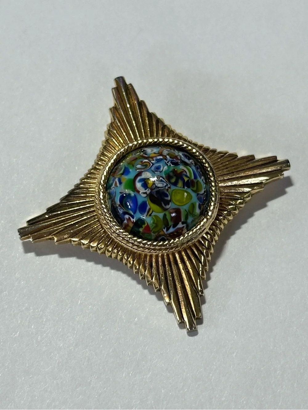 Vintage Starburst Murano Style Dome Glass Cabochon Brooch Pin Grandmacore Bling